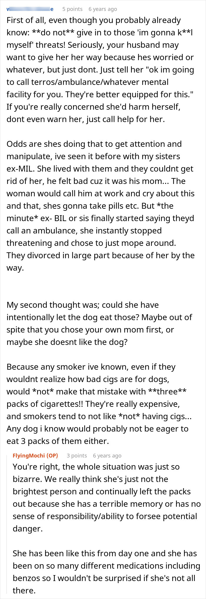 Text discussing MIL poisoning family dog and verbal attacks, questioning her motives and responsibility in the situation