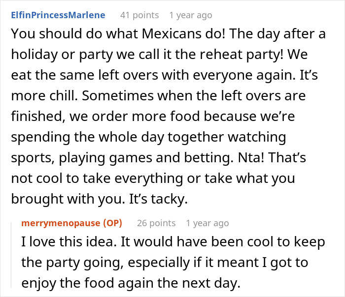 Reddit comment discussing Thanksgiving host left with empty fridge after family clears leftovers, sharing party and food traditions.