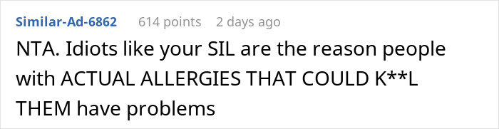 Reddit comment criticizing a SIL for pretending to have a food allergy, causing issues for those with real allergies.