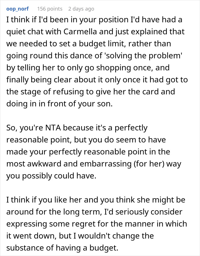 Text post discussing a mom accused of embarrassing son’s girlfriend who offered to cook meals, focusing on budget and communication. Text post discussing a mom accused of embarrassing son’s girlfriend who offered to cook meals, focusing on budget and communication.