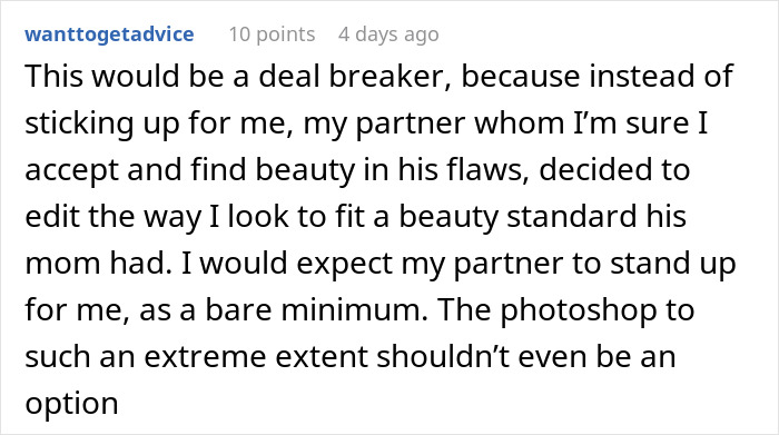 Screenshot of an online comment about issues with boyfriend editing face in every photo, expressing frustration and boundaries. Screenshot of an online comment about issues with boyfriend editing face in every photo, expressing frustration and boundaries.
