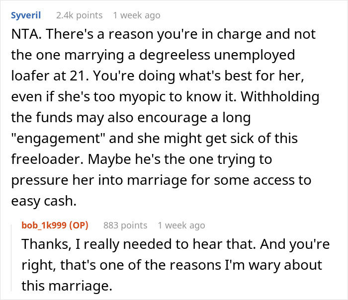 Comment discussion about a financially unstable woman rushing into marriage after a bitter reality check.