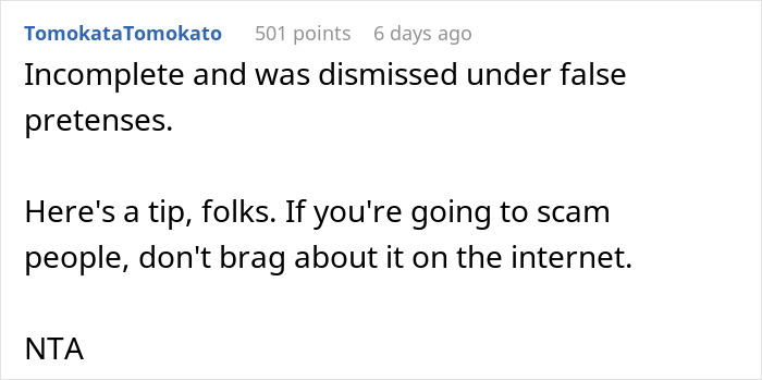 Comment section screenshot showing a user advising against bragging about scams online with a note on false pretenses dismissal.
