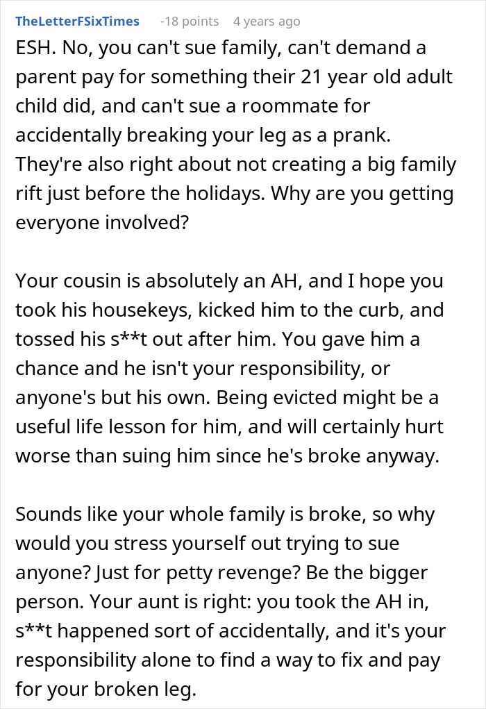 Man demanding cousin pay for cruel prank faces unexpected reaction from aunt during family dispute discussion.