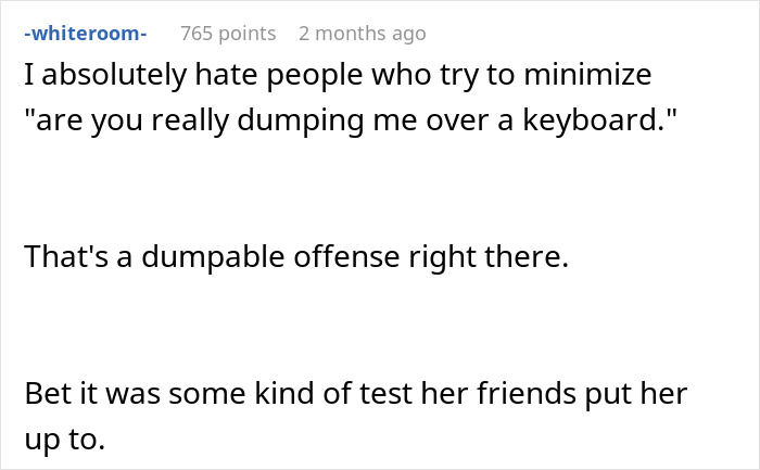 Comment discussing reaction to man lending girlfriend a spare keyboard and its impact on their relationship. Comment discussing reaction to man lending girlfriend a spare keyboard and its impact on their relationship.