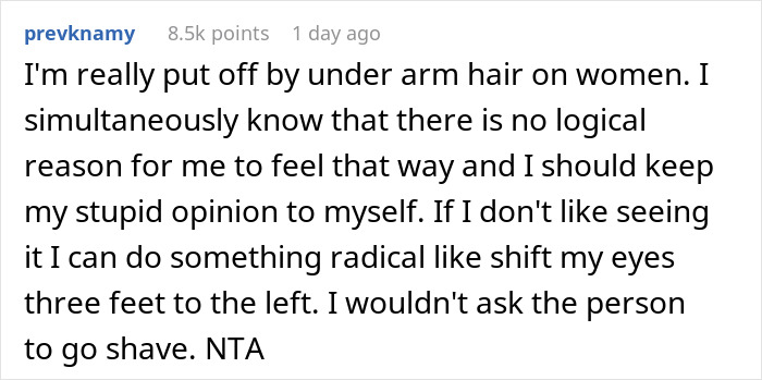 Comment expressing discomfort with women's hairy armpits, relating to guests feeling uncomfortable and personal insults at weddings. Comment expressing discomfort with women's hairy armpits, relating to guests feeling uncomfortable and personal insults at weddings.