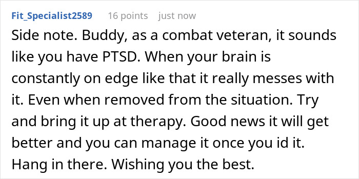 Reddit comment screenshot: Fit_Specialist2589 advising a combat veteran about PTSD; exhausted teen can't sleep