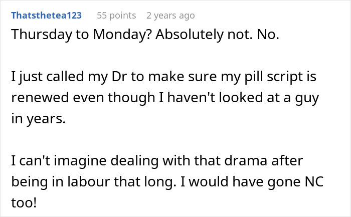 Alt text: Online comment discussing mom raging at son for forgetting birthday and accusing daughter-in-law of timing labor purposely. Alt text: Online comment discussing mom raging at son for forgetting birthday and accusing daughter-in-law of timing labor purposely.