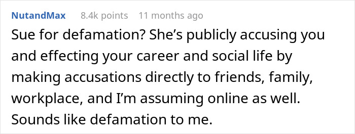 Comment discussing potential defamation and reputation damage caused by public accusations from a wife after leaving her husband. Comment discussing potential defamation and reputation damage caused by public accusations from a wife after leaving her husband.