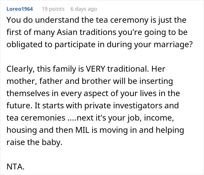 Comment discussing a man considering canceling his wedding after fiancée’s family hires a private investigator to find dirt. Comment discussing a man considering canceling his wedding after fiancée’s family hires a private investigator to find dirt.