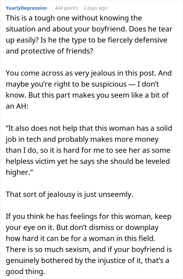 Text excerpt discussing boyfriend in tears over misogyny at work, jealousy from girlfriend, and challenges female colleagues face in tech. Text excerpt discussing boyfriend in tears over misogyny at work, jealousy from girlfriend, and challenges female colleagues face in tech.