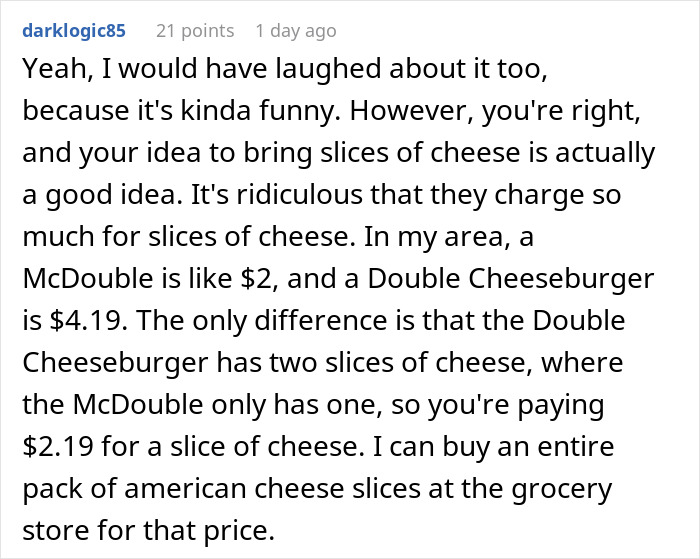 Text conversation screenshot discussing the cost of cheese slices at McDonald’s drive thru, reflecting true colors.