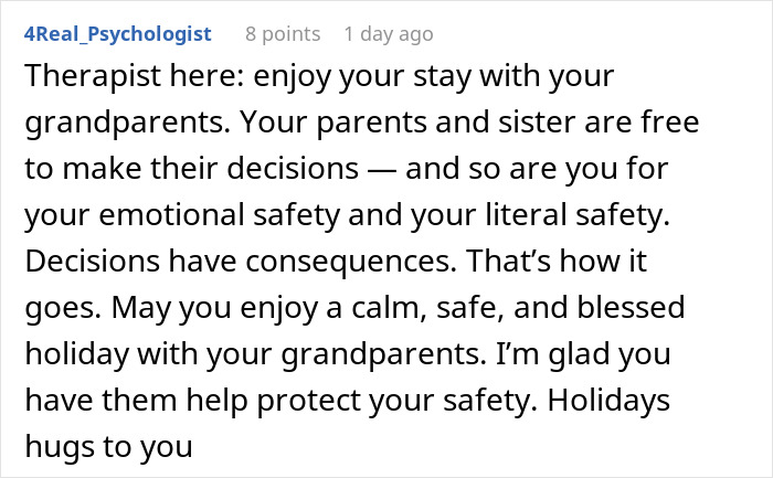 Comment on family conflict and emotional safety discussing woman threatening sister’s life and parents wanting reunion. Comment on family conflict and emotional safety discussing woman threatening sister’s life and parents wanting reunion.
