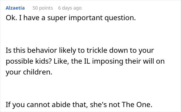 Commenter asking if in-laws’ behavior will affect future children, in context of man considering canceling wedding after PI investigation. Commenter asking if in-laws’ behavior will affect future children, in context of man considering canceling wedding after PI investigation.