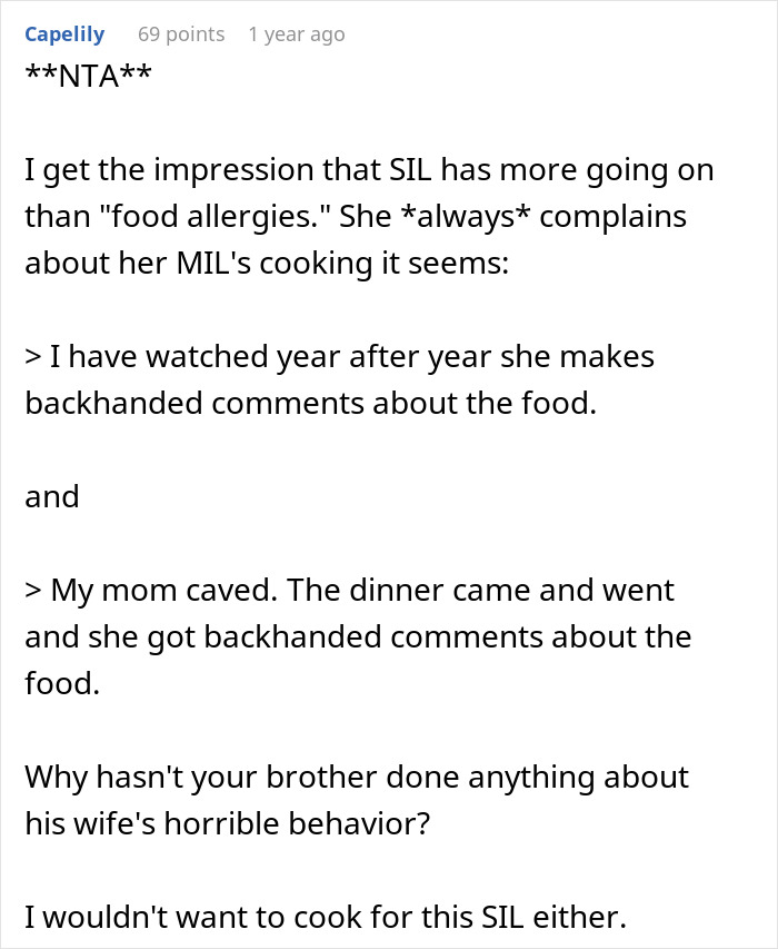 Reddit comment discussing a woman expecting family to cater to her allergies and facing backlash. Reddit comment discussing a woman expecting family to cater to her allergies and facing backlash.
