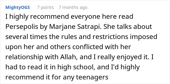 Comment recommending Persepolis by Marjane Satrapi, discussing rules, restrictions, and teenage perspectives on conflict and respect. Comment recommending Persepolis by Marjane Satrapi, discussing rules, restrictions, and teenage perspectives on conflict and respect.