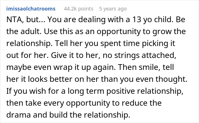 Comment advising on handling a 13-year-old’s refusal of dad’s girlfriend’s gift to build a positive relationship. Comment advising on handling a 13-year-old’s refusal of dad’s girlfriend’s gift to build a positive relationship.
