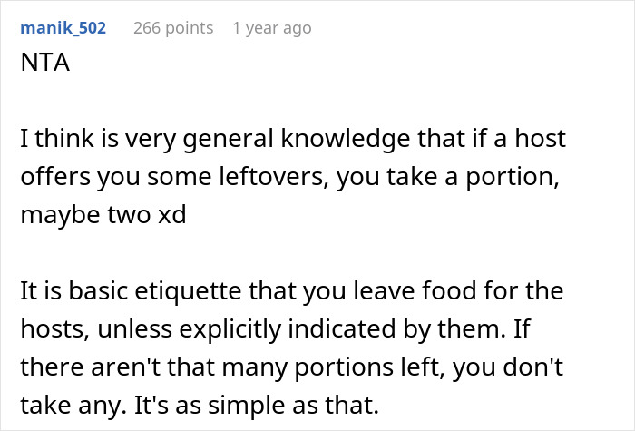 Reddit comment discussing etiquette for Thanksgiving leftovers and respecting the host when taking portions.