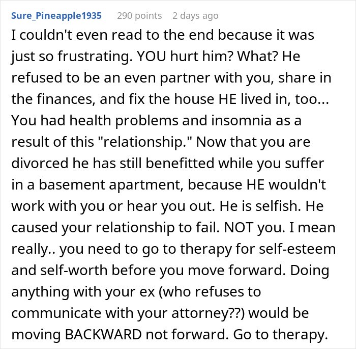 Text excerpt from an online comment discussing a woman’s regret and reality check after a divorce and relationship struggles. Text excerpt from an online comment discussing a woman’s regret and reality check after a divorce and relationship struggles.