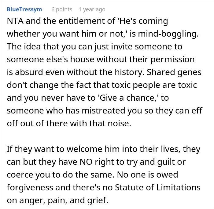 Comment discussing a sibling conflict where one kicks others out after revealing a surprise plan, highlighting toxic family dynamics. Comment discussing a sibling conflict where one kicks others out after revealing a surprise plan, highlighting toxic family dynamics.