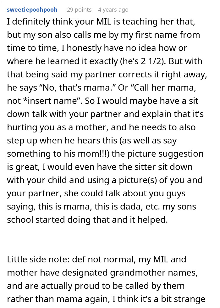 Comment discussing how a mother teaches toddler to say mama instead of using first names, involving MIL and parenting advice.
