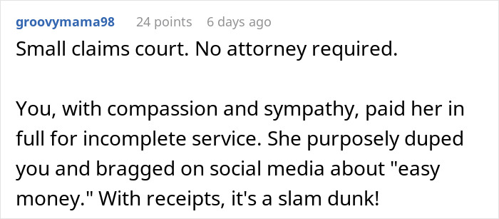 Comment discussing a makeup artist pretending to be sick on a woman&rsquo;s wedding day for easy money, highlighting fraud.