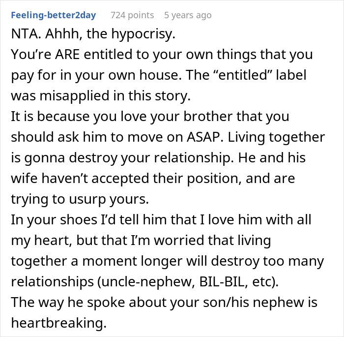 Comment discussing entitled behavior and family tension as a woman tries to help her brother and his wife in a shared living situation.