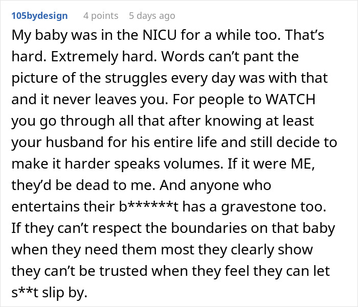 Comment discussing struggles with NICU and family conflict after premature birth, highlighting MIL refusing to believe situation.