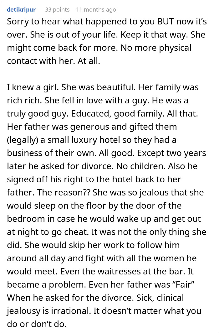 Screenshot of a detailed comment about a wife ruining her husband&rsquo;s reputation over jealousy and divorce issues.