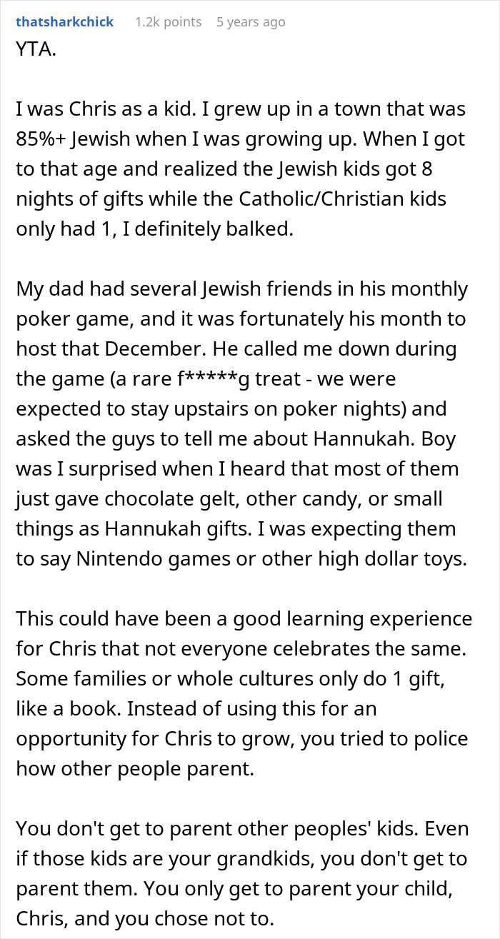 Reddit user shares experience about family skipping Hanukkah gifts due to spoiled son and discusses parenting challenges.