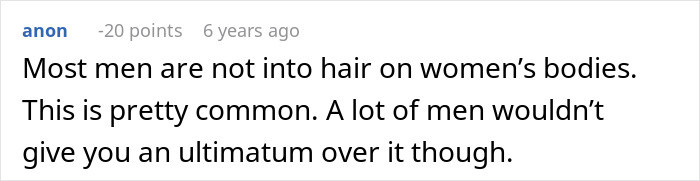 Screenshot of an online comment discussing men's preferences about body hair and relationship ultimatums regarding laser hair removal.