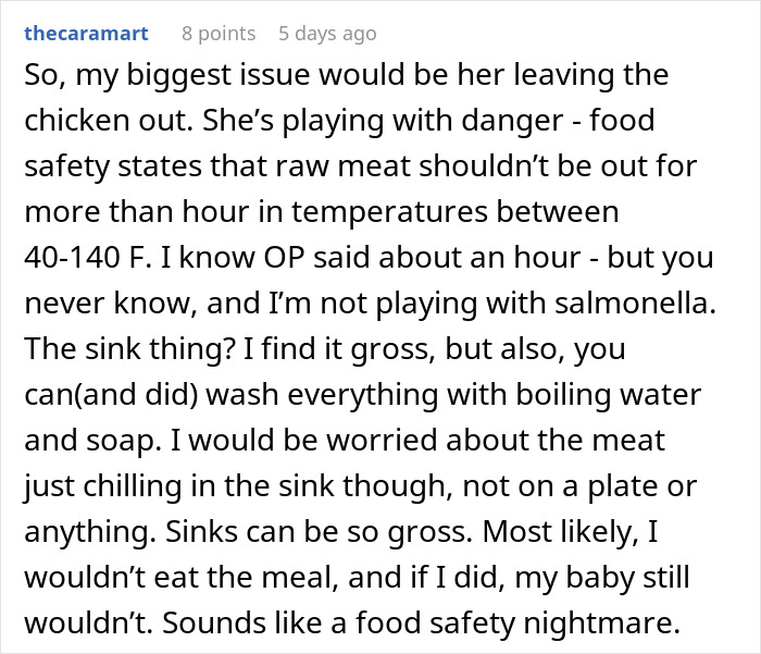Comment discussing concerns about food safety and chicken preparation, highlighting risks of salmonella and improper handling. Comment discussing concerns about food safety and chicken preparation, highlighting risks of salmonella and improper handling.