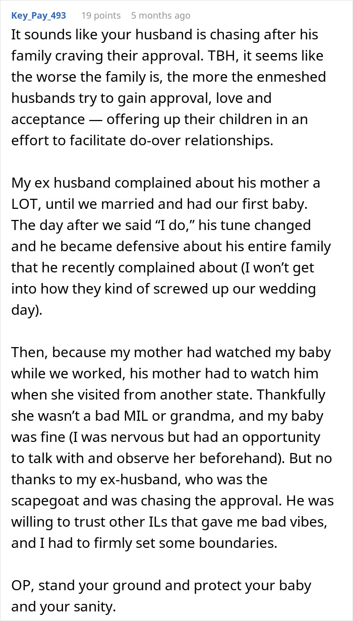 Comment discussing husband not standing up to his mother and wife considering walking away from the relationship.