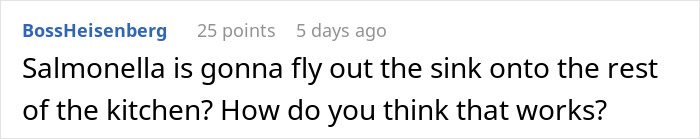 Comment discussing concerns about salmonella risk spreading in the kitchen from improper chicken preparation by MIL. Comment discussing concerns about salmonella risk spreading in the kitchen from improper chicken preparation by MIL.