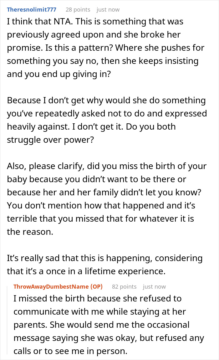 Online discussion about a couple on the verge of breakup over their newborn's bizarre name and escalating real-life conflict.