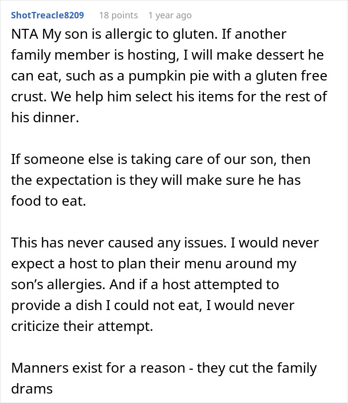 Comment about family dynamics around allergies and expectations when hosting grandchildren with food restrictions. Comment about family dynamics around allergies and expectations when hosting grandchildren with food restrictions.