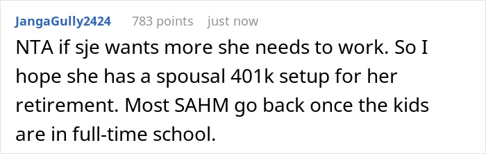 Comment discussing SAHM feeling poor despite receiving 1K per month as fun money from husband. Comment discussing SAHM feeling poor despite receiving 1K per month as fun money from husband.