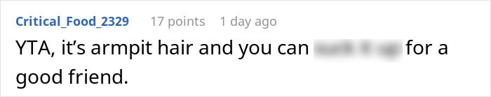 Reddit comment discussing guests’ discomfort over a woman’s hairy armpits viewed as a personal insult by bride and groom. Reddit comment discussing guests’ discomfort over a woman’s hairy armpits viewed as a personal insult by bride and groom.