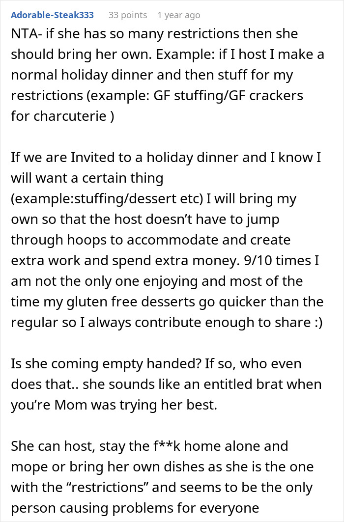 Reddit comment discussing family allergy restrictions and expectations, highlighting a reality check on catering to allergies. Reddit comment discussing family allergy restrictions and expectations, highlighting a reality check on catering to allergies.