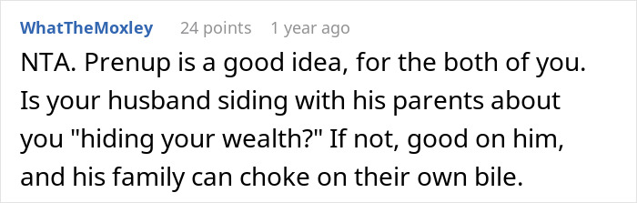 Screenshot of a Reddit comment discussing future in-laws demanding a prenup and the woman’s wealthy family background. Screenshot of a Reddit comment discussing future in-laws demanding a prenup and the woman’s wealthy family background.