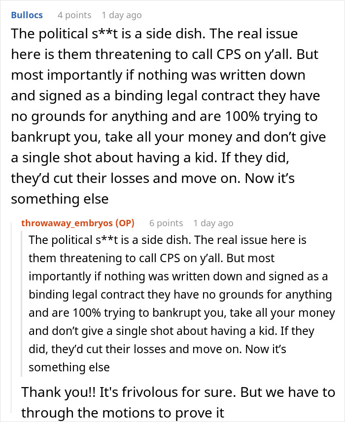 Couple discussing decision to destroy embryos after uncovering friend&rsquo;s true colors in emotional support setting.