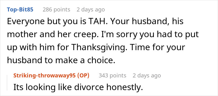 Screenshot of online conversation discussing banning MIL’s creepy husband and marriage issues leading to potential divorce. Screenshot of online conversation discussing banning MIL’s creepy husband and marriage issues leading to potential divorce.