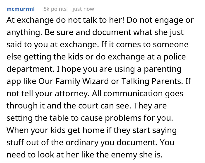 Comment advising careful documentation and communication during kids custody exchanges to protect the parent-child relationship. Comment advising careful documentation and communication during kids custody exchanges to protect the parent-child relationship.