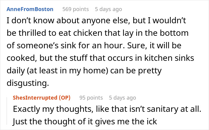 User discussing losing appetite after seeing how mother-in-law prepares chicken in an unsanitary kitchen sink. User discussing losing appetite after seeing how mother-in-law prepares chicken in an unsanitary kitchen sink.