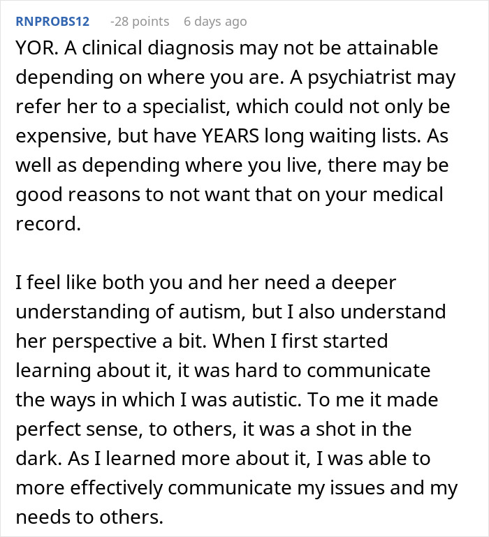 Comment discussing challenges of self-diagnosed autism and the need for better understanding in relationships.