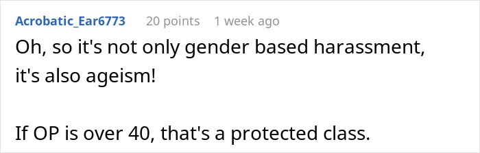 Screenshot of a Reddit comment discussing gender-based harassment and ageism in a workplace context.