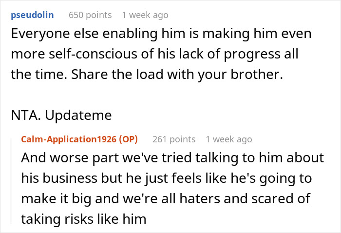 Reddit comments showing a woman&rsquo;s frustration with her brother-in-law tearing down her brother during Thanksgiving dinner.