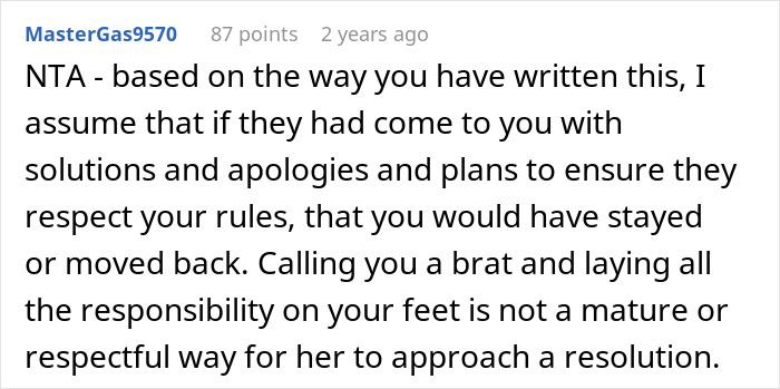 Comment discussing family conflict over moving out and childcare responsibilities, highlighting lack of mature resolution. Comment discussing family conflict over moving out and childcare responsibilities, highlighting lack of mature resolution.