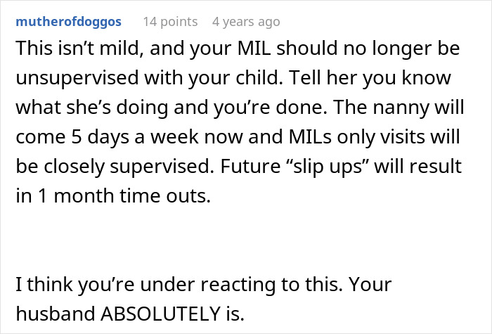 Comment from a mother discussing mil-teach-toddler-mama-mother-first-name issues with MIL supervision and nanny visits. Comment from a mother discussing mil-teach-toddler-mama-mother-first-name issues with MIL supervision and nanny visits.