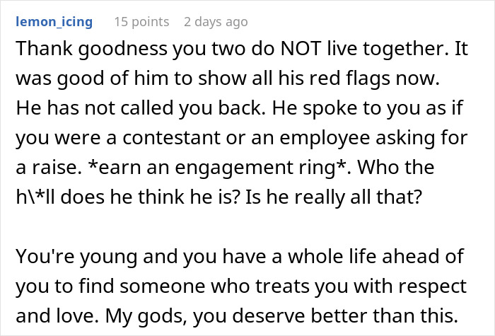 Comment discussing a man telling his girlfriend she must earn an engagement ring, highlighting relationship drama.